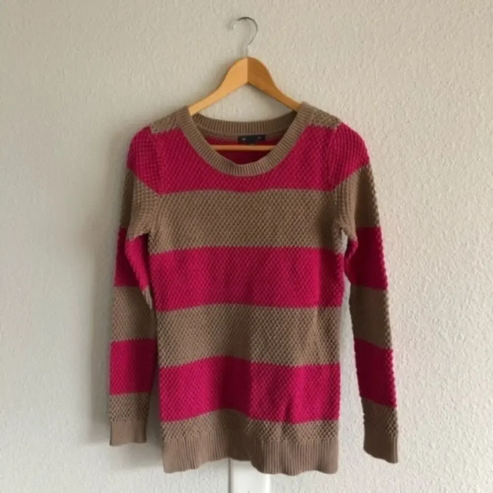 GAP Pink Tan Brown Stripe Cozy Knit Scoop Sweater